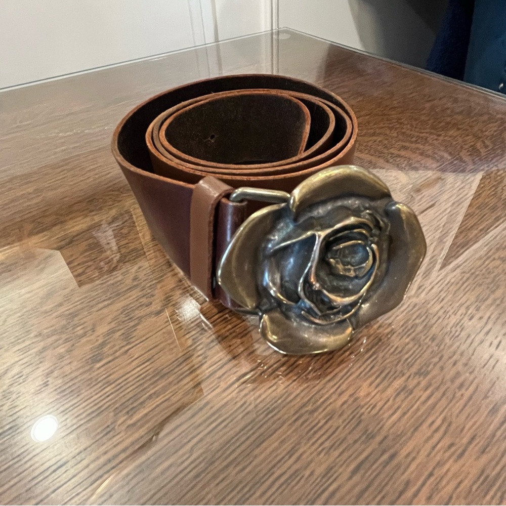 Brown Leather Belt with Rose Buckle